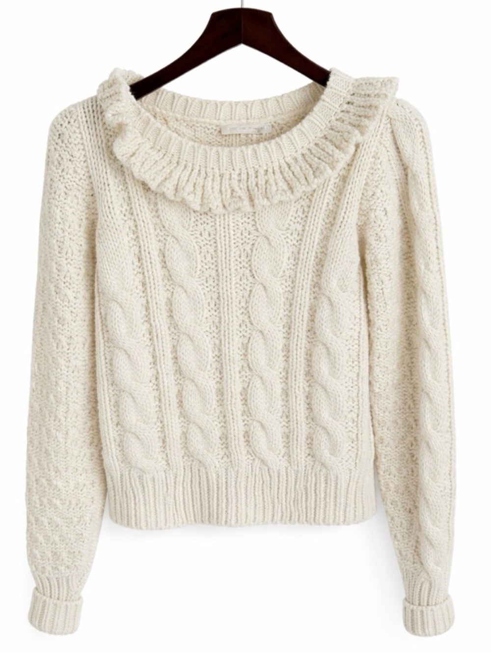 LoveShackFancy Christina Alpaca Cable‎ Knit Sweater Cream Ruffle Metallic XS